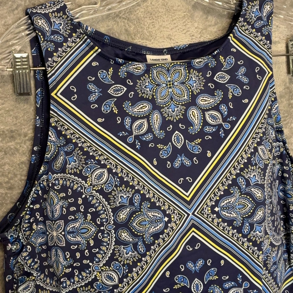 Lands End Womens Paisley Printed High Neck Tankini Swim Tank Top 16 Blue Modest